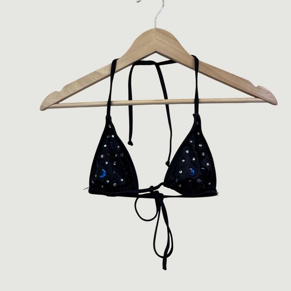 Triangle Bikini Top XS/S Black Celestial Rhinestone Moon Star Rave Festival Top